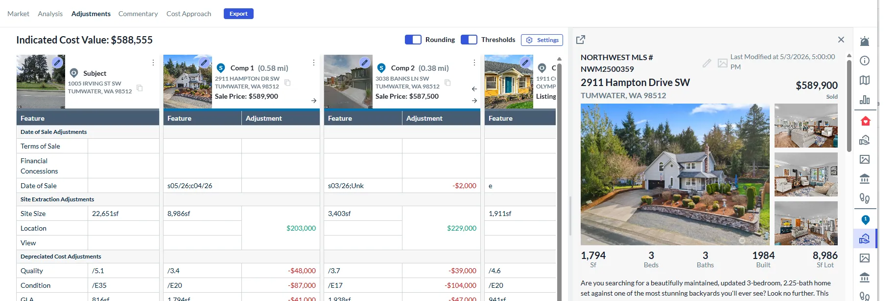Aloft analysis workspace with property comparison cards