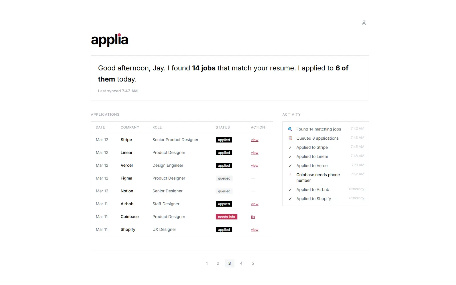 Applia job application assistant screenshot